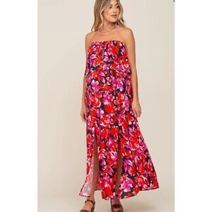 Emily Wonder Floral Ruffle Strapless Waist Tie Front Slit Midi Dress Small Nwt